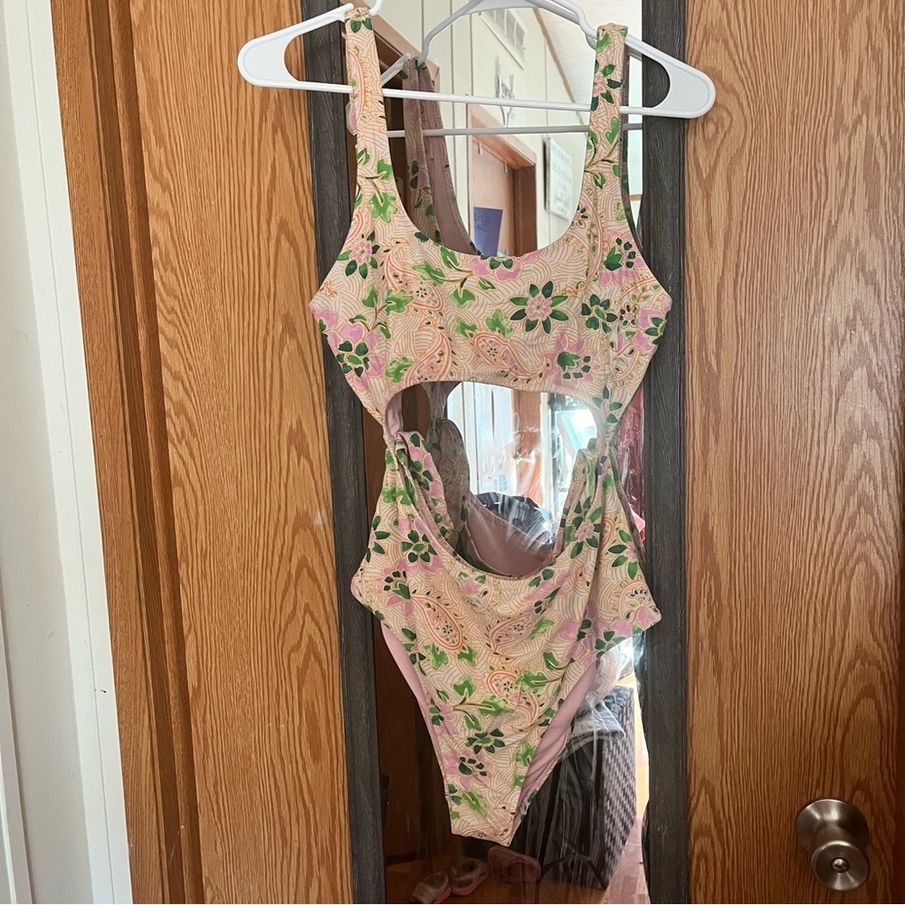 Aerie Floral Cutout One Piece Swimsuit - Pink and Green